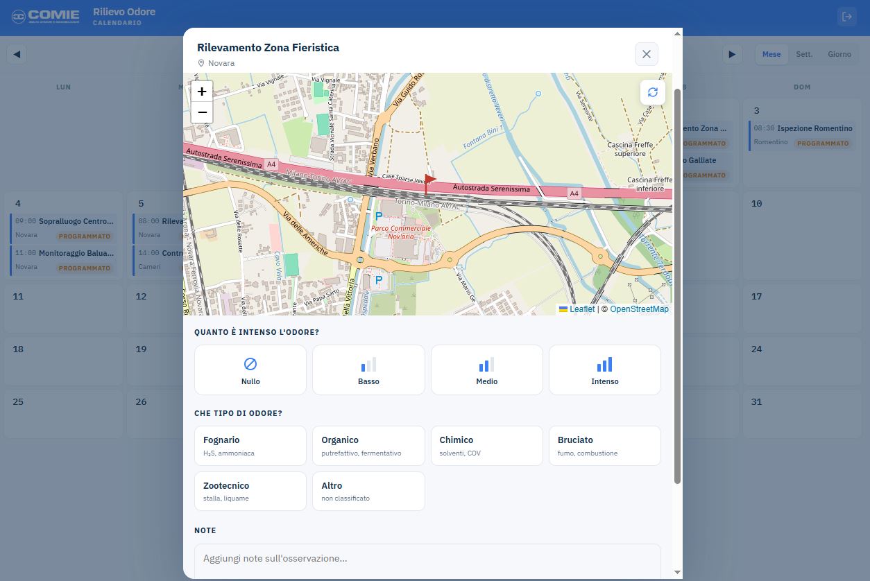 COMIE ha sviluppato una piattaforma operativa per la gestione delle rilevazioni olfattometriche in campo secondo UNI EN 16841-1:2017 – Odour Field Inspection, con calendario attività, georeferenziazione dei punti di controllo e registrazione strutturata delle osservazioni.